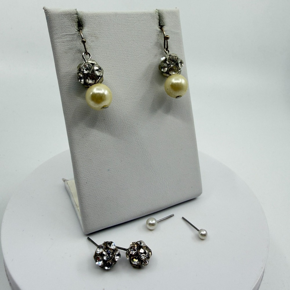 Faux Pearl Crystal Disco Ball Bracelet & Dangle Earrings Set - 4pc
